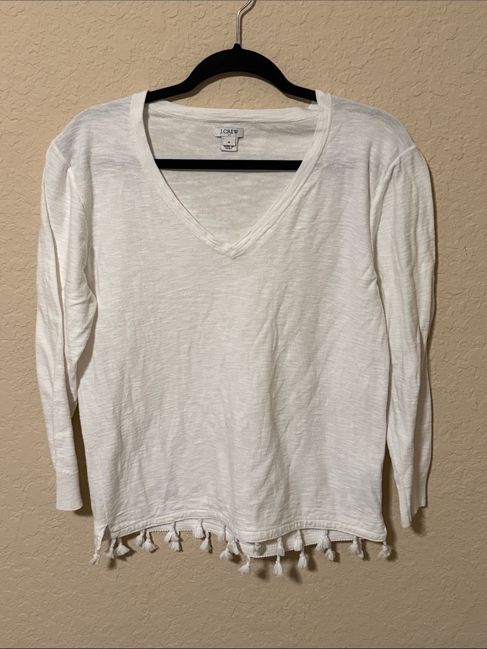 J.Crew White V-Neck Tassel Hem Women's Top
